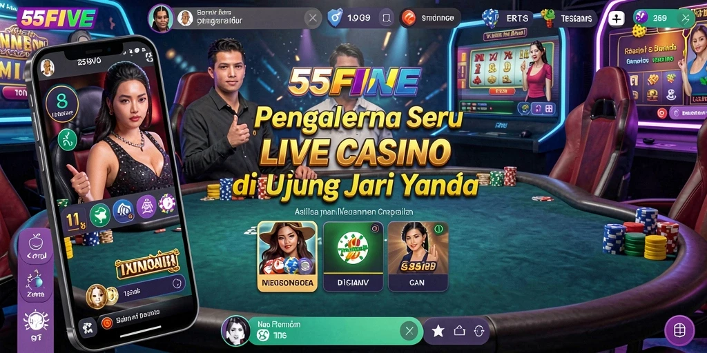 Screenshot gameplay Live Casino 55FIVE dengan dealer dan pemain interaktif.