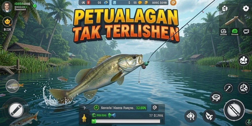 Screenshot gameplay 8ZK menampilkan aksi memancing yang seru di alam yang indah.