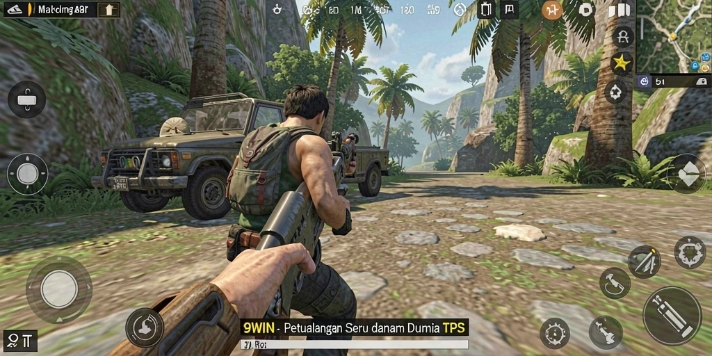 Screenshot utama 9WIN menampilkan aksi mendebarkan dalam pertempuran TPS.