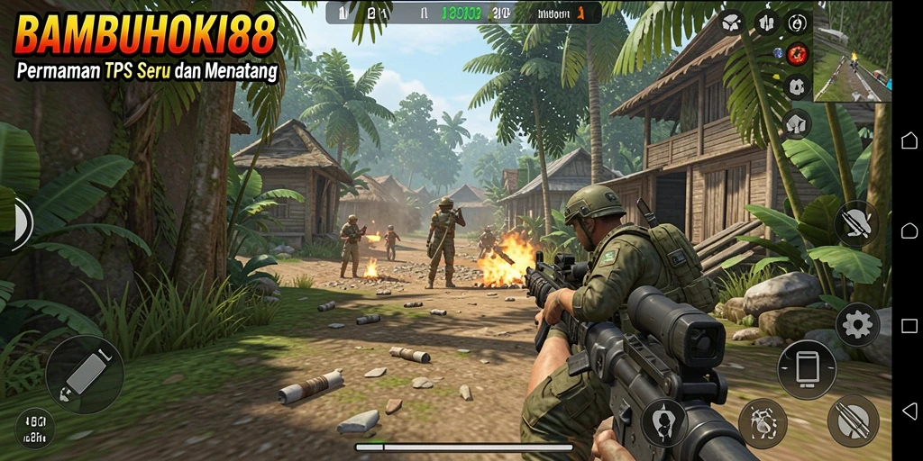 Tampilan gameplay seru dalam BAMBUHOKI88 saat pertempuran berlangsung.