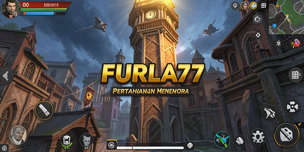Screenshot gameplay FURLA77 menampilkan menara yang sedang menyerang musuh.