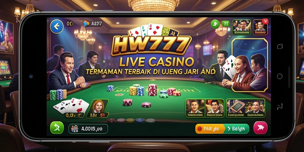 Screenshot HW777 menampilkan dealer langsung dan berbagai permainan kasino.