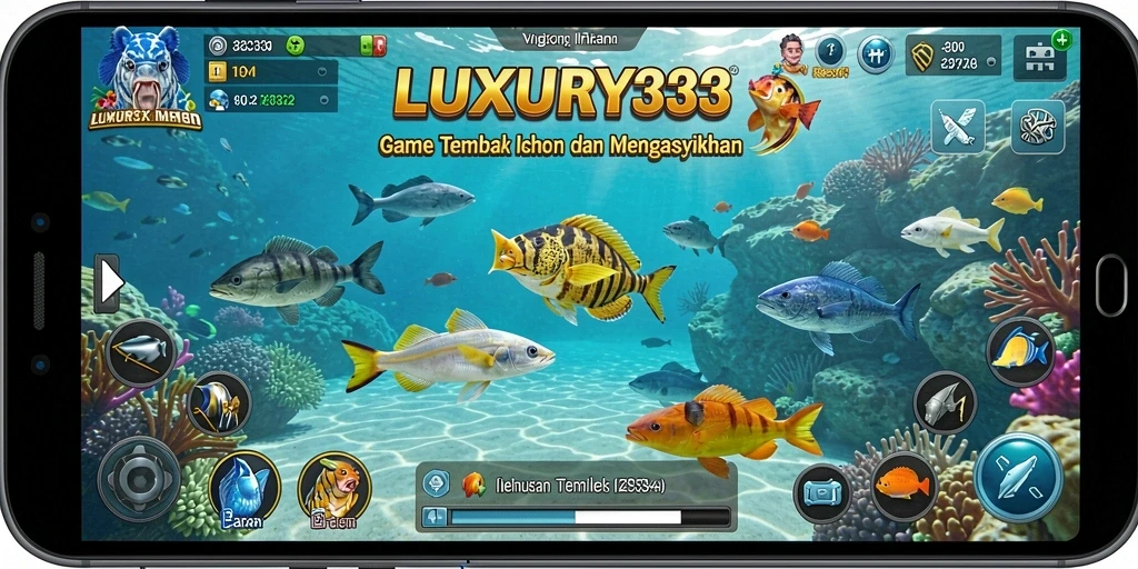Tampilan gameplay seru dalam LUXURY333 yang menampilkan momen menembak ikan.