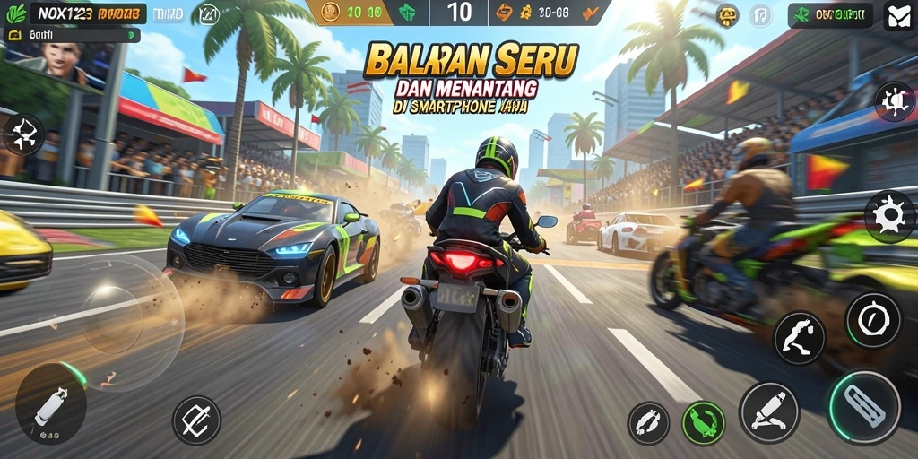 Screenshot utama NOX123 menampilkan aksi balapan seru dengan grafik menawan.