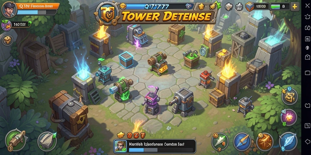 Gameplay QT777 menampilkan pertahanan menara yang strategis dan intens.