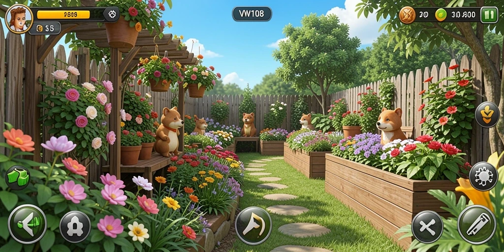 Screenshot utama VW108 menampilkan gameplay berkebun yang menyenangkan.